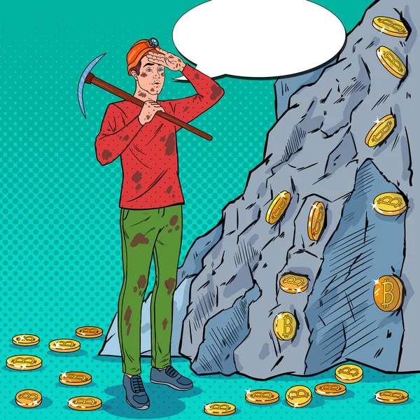 Pop Art Mand Miner i hjelm med Pickaxe Mining Bitcoin Mønter. Crypto Valuta Blockchain Netværk Teknologi – Stock-vektor