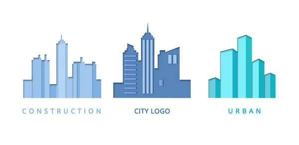 Papieru wyciąć Logo Szablon zestaw z budynków w mieście. Origami nieruchomości symbole dla marki, broszura, tożsamość — Wektor stockowy