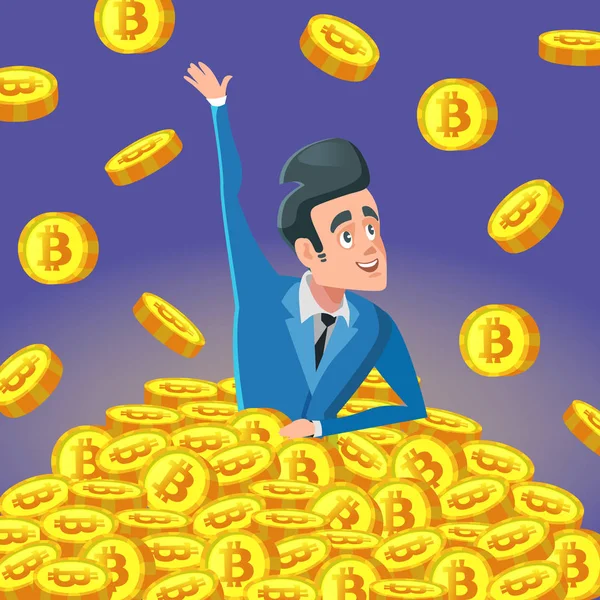 Empresário rico bem sucedido na pilha de moedas Bitcoin. Criptomoeda Millionair —  Vetores de Stock