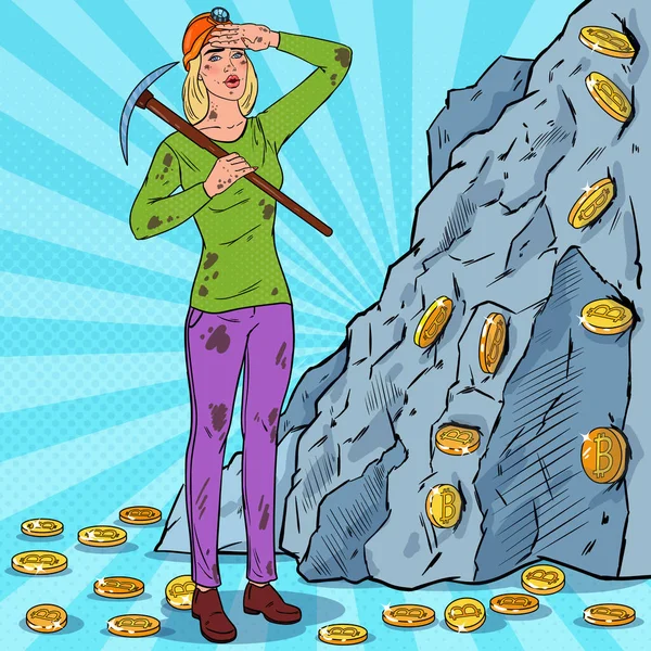 Pop Art γυναίκα στο κράνος με αξίνα εξόρυξης Bitcoin κέρματα. Τεχνολογία δικτύου Blockchain κρυπτό νόμισμα — Διανυσματικό Αρχείο