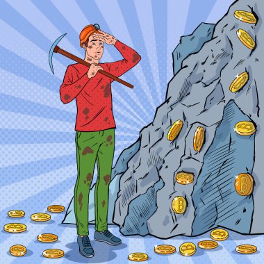 Kazma incelemesi Bitcoin paralar ile kask içinde sanat erkek madenci pop. Kripto Döviz Alım Blockchain ağ teknolojisi
