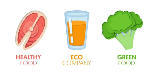 Papieru wyciąć Logo Szablon zestaw z Eco Green Food. Origami zdrowego odżywiania symbole dla marki, broszura, tożsamość — Wektor stockowy