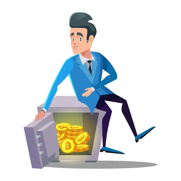 Empresário feliz sentado no cofre cheio de Bitcoin. Criptomoeda Tecnologia de segurança —  Vetores de Stock