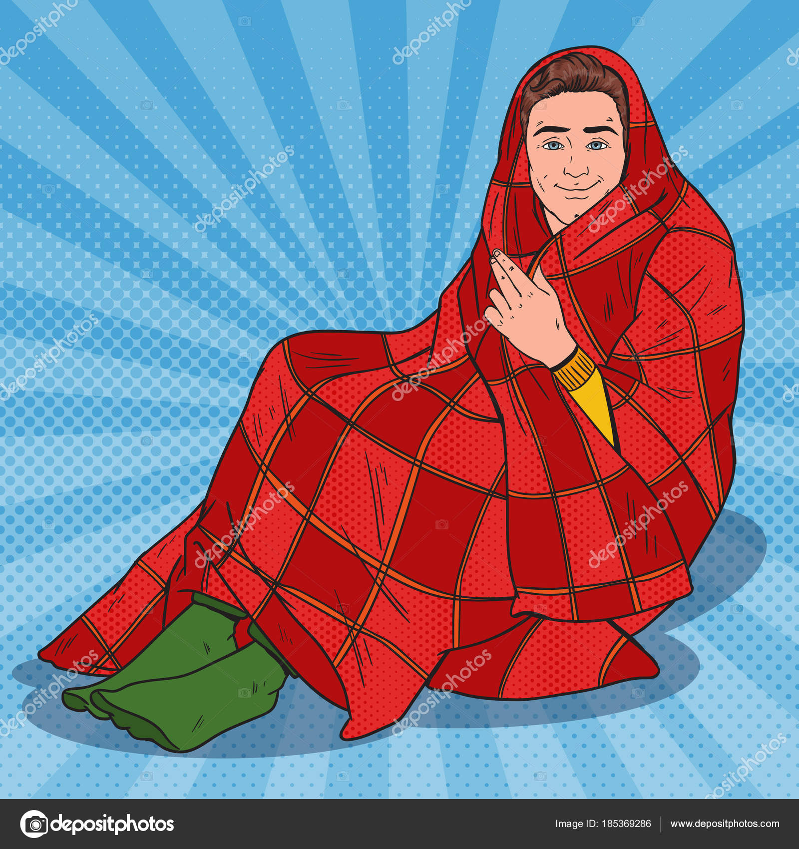 Pop Art uomo coperto di coperta calda Ragazzo sensazione di freddo a casa Illustrazione