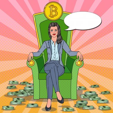 Bitcoin ve para yığınları ile tahta oturan sanat başarılı iş kadını pop. Kripto para pazar kavramı. Vektör çizim