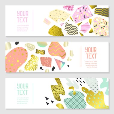 Yatay afiş altın Glitter geometrik öğelerle ayarlayın. Poster davet fiş broşür şablonları. Soyut kartları tasarımı. Vektör çizim