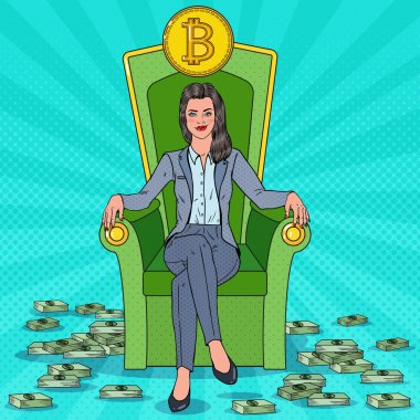 Bitcoin ve para yığınları ile tahta oturan zengin başarılı iş kadını. Kripto para pazar kavramı. Vektör çizim