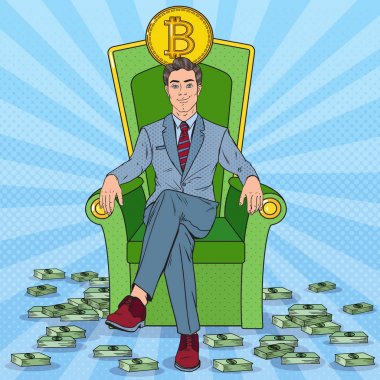 Bitcoin ve para yığınları ile tahta oturan sanat başarılı iş adamı pop. Kripto para pazar kavramı. Vektör çizim