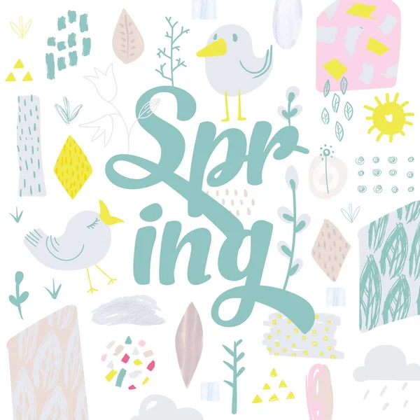 Hello Spring Design met leuke vogels en bloemen. Kinderachtig abstracte aard achtergrond voor wenskaart, decoratie, behang. Vectorillustratie — Stockvector