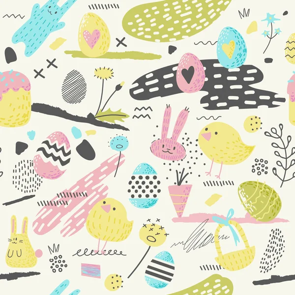 สุขสันต์วันอีสเตอร์แบบไร้รอยต่อกับไข่กระต่ายและดอกไม้ พื้นหลังฤดูใบไม้ผลิสําหรับผ้ากระดาษห่อและการ์ดอวยพร รูปแบบเวกเตอร์ — ภาพเวกเตอร์สต็อก