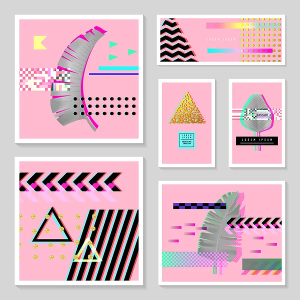 Glitch futuristiska affischer, täcker Set med tropiska inslag. Hipster Design kompositioner för broschyrer, flygblad, plakat. Trendiga mall. Vektorillustration — Stock vektor