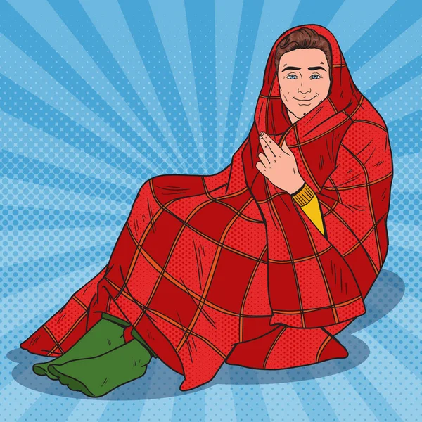 Pop Art adam sıcak battaniyeye örtülü. Adam duygu soğuk evde. Vektör çizim