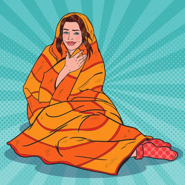 Pop Art Pretty Woman Relaxing Covered with Warm Blanket. Girl Feeling Cold. Vector illustration — Stock Vector