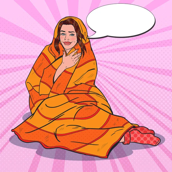 Pop Art Pretty Woman Relaxante Coberto com Manta Quente. Menina sentindo frio. Ilustração vetorial — Vetor de Stock