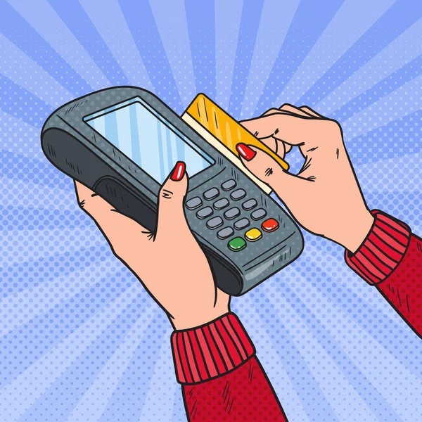 Pop Art Female Hands Swiping Credit Card with Bank Terminal. Pago con punto de venta en tienda. Ilustración vectorial — Vector de stock