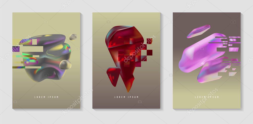 Posters, Covers with Glitch Effect and Bauhaus Fluid Shapes. Abstract Futuristic Hipster Design Set for Placard, Banner, Flyers. Vector illustration