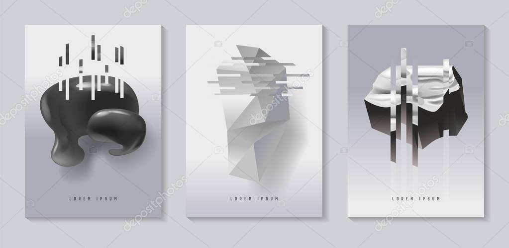Posters, Covers with Glitch Effect and Bauhaus Fluid Shapes. Abstract Futuristic Hipster Design Set for Placard, Banner, Flyers. Vector illustration