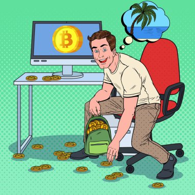 Pop Art başarılı iş adamı sırt çantası ve tropikal tatil hakkında rüya Bitcoins sok. Kripto para birimi, sanal para teknoloji. Vektör çizim