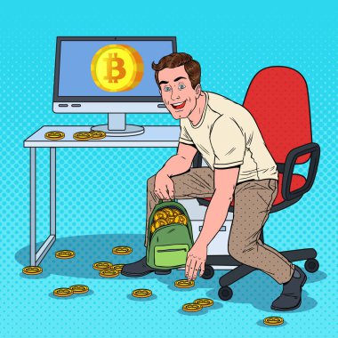 Pop Art başarılı iş adamı Bitcoins sırt çantası koymak. Kripto para birimi, sanal para teknoloji. Vektör çizim