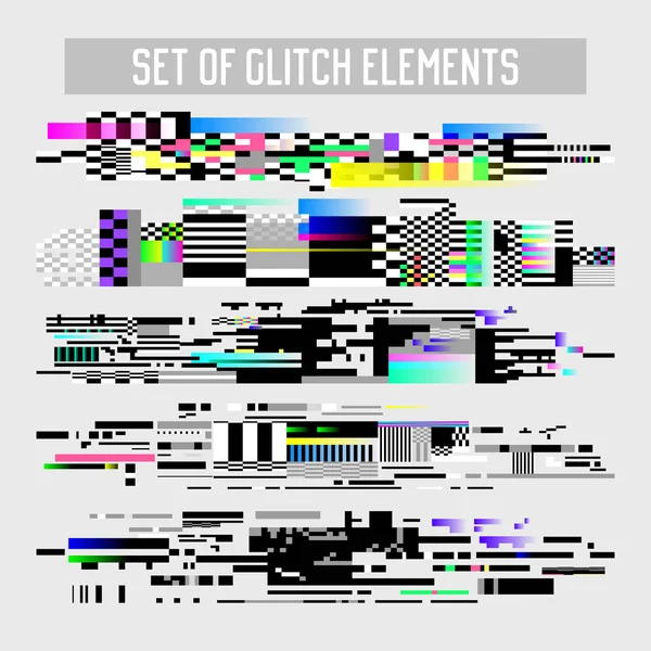 Glitch Effect Elements Set. Distorção de TV, Design abstrato de ruído digital, Sinal de decadência, ilustração de pixel de tela, Problemas de monitor. Vetor — Vetor de Stock