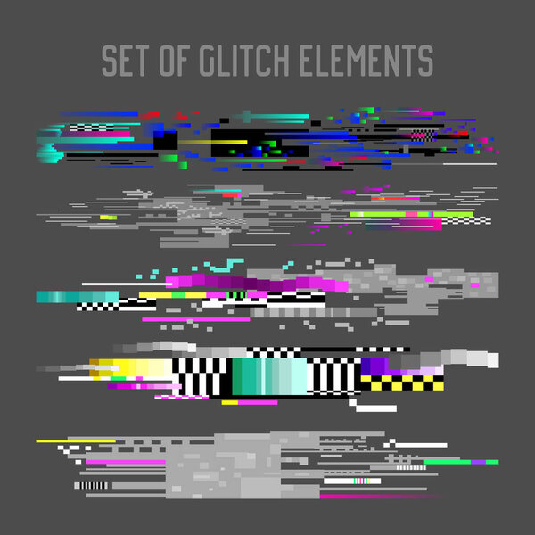 Glitch Effect Elements Set. TV Distortion, Digital Noise Abstract Design, Decay Signal, Screen Pixel illustration, Monitor Problems. Vector