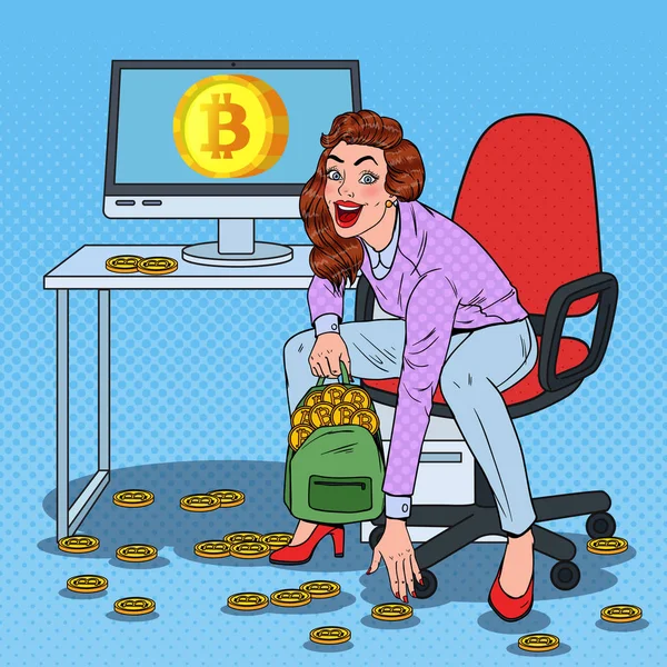 Pop-Art nő bányász Bitcoins betesz hátizsák. Crypto valuta üzleti technológia. Virtuális pénz. Vektoros illusztráció — Stock Vector