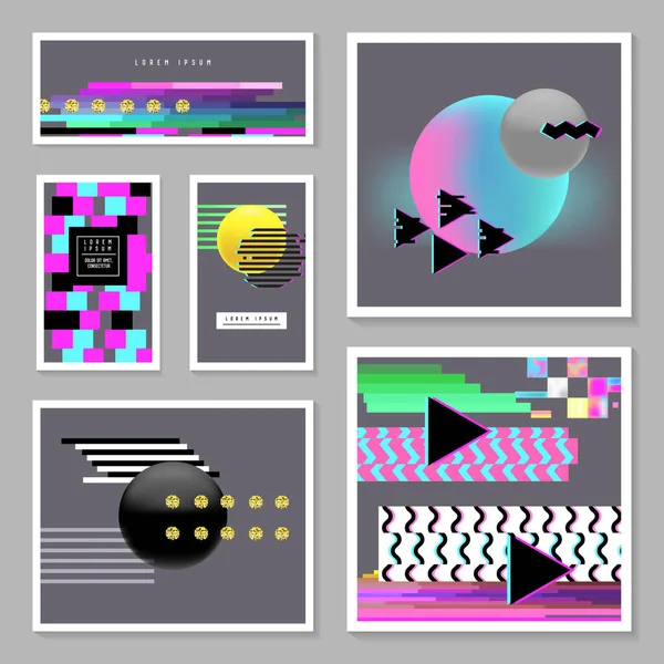 Abstrakt Design ligger i Glitch stil. Trendiga bakgrund mallar med geometriska former för omslag, affischer, banderoller, flygblad, storetiketter. Vektorillustration — Stock vektor