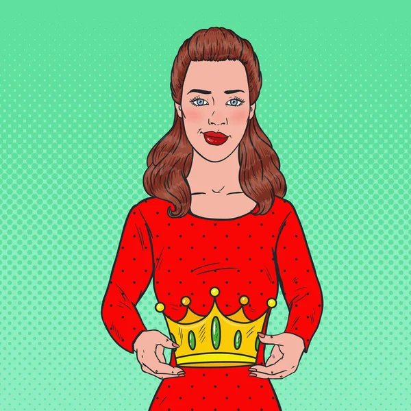 Pop Art Belle femme tenant une couronne. Cérémonie de couronnement. Illustration vectorielle — Image vectorielle
