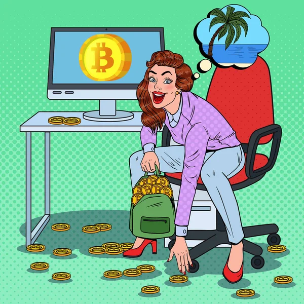 Pop Art Happy Woman Put Bitcoins i rygsæk og drømmer om tropiske ferie. Crypto valuta Business Technology. Virtuelle penge. Vektorillustration – Stock-vektor