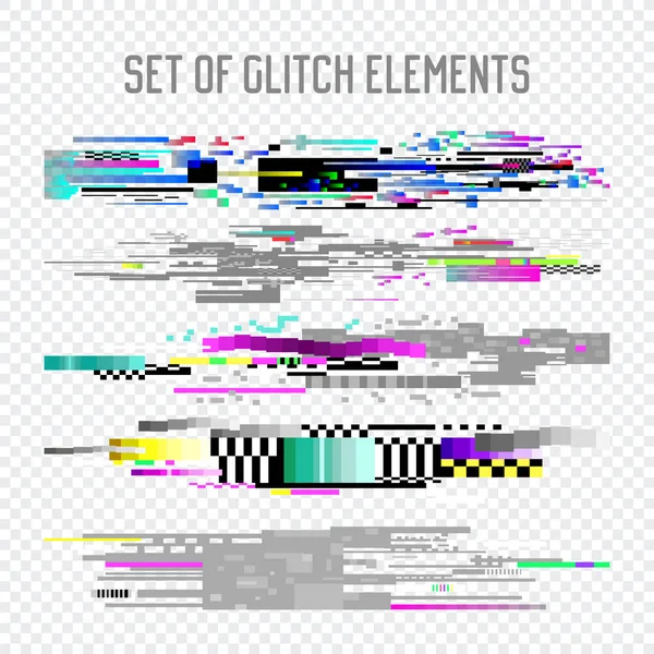 Glitch Effect Elements Set. Distorção de TV, Design abstrato de ruído digital, Sinal de decadência, ilustração de pixel de tela, Problemas de monitor. Vetor — Vetor de Stock