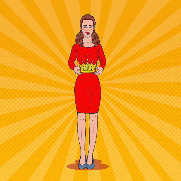 Поп-арт Красивая женщина с короной. Церемония коронации Победы. Векторная иллюстрация
