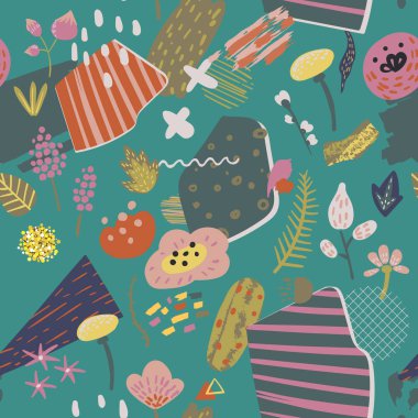 Çiçekler, bitkiler ve soyut öğeler çocukça çiçek Seamless modeli. Kumaş Tekstil, duvar kağıdı, ambalaj kağıdı için elle çizilmiş güzelleşmek arka plan. Vektör çizim