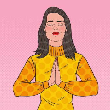 Dua Pop Art neşeli güzel kadın. Mutlu kadın dua. Vektör çizim