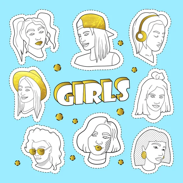 Teenager Fashion 80s-90s Golden Badges, Patches with Girls. Comic Style Isolated Stickers and Pins. Vector illustration — Stock Vector