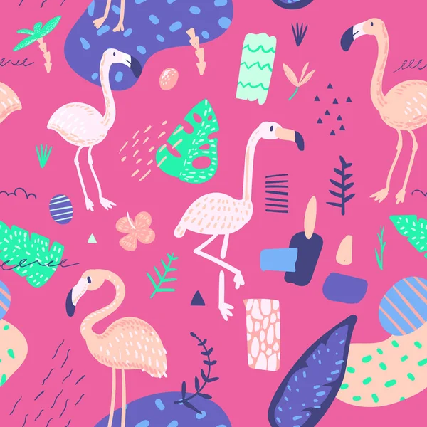 Kinderhaftes Sommermuster mit Flamingo und tropischen Pflanzen. exotischer Hintergrund für Textilien, Tapeten, Packpapier. Vektorillustration — Stockvektor