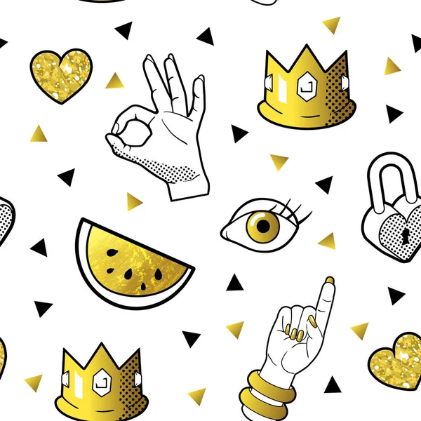 Fashionable Seamless Pattern in Pop Art Style with Golden Badges and Patches. Fabric Background 80s-90s with Hands and Hearts. Vector illustration — Stock Vector