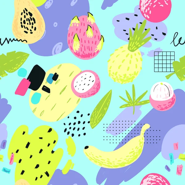Hand Drawn naadloze patroon met tropische vruchten en abstracte elementen. FreeHand zomer achtergrond voor Fabric-Textiel, behang, inpakpapier. Vectorillustratie — Stockvector
