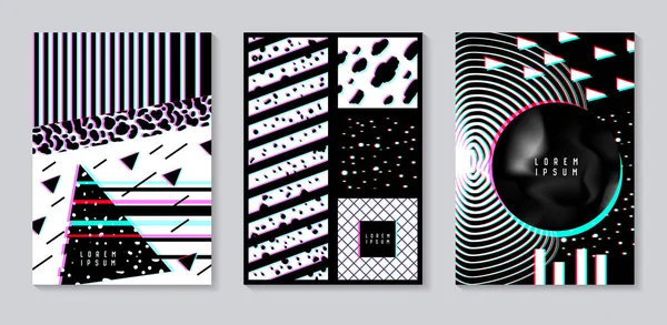 Abstrakt Design Set med Glitch effekt. Trendiga bakgrund mallar med geometriska former för omslag, affischer, banderoller, flygblad, storetiketter. Vektorillustration — Stock vektor