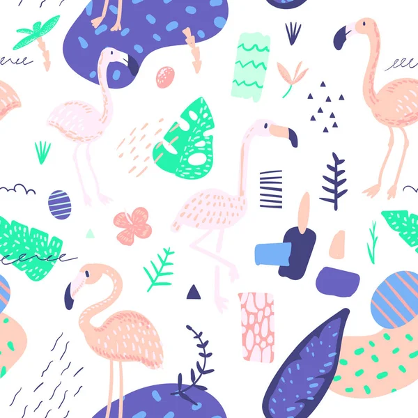 Kinderhaftes Sommermuster mit Flamingo und tropischen Pflanzen. exotischer Hintergrund für Textilien, Tapeten, Packpapier. Vektorillustration — Stockvektor