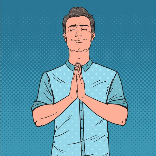 Поп-арт Молодой человек молится с улыбкой. Счастливой мужской молитвы. Векторная иллюстрация — стоковый вектор