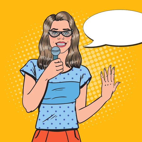 Pop Art Jolie Femme avec Microphone. Une journaliste de télévision féminine. Conférencier sur présentation. Illustration vectorielle — Image vectorielle