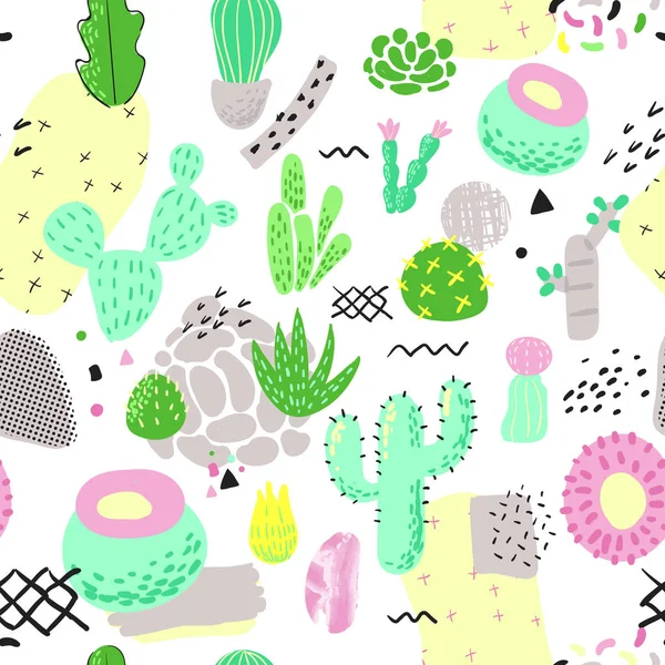 Květinový vzor bezešvé s kaktusy. Sukulenty dětinské styl pozadí pro tkaniny, dekorace, tapety. Vektorové ilustrace — Stockový vektor