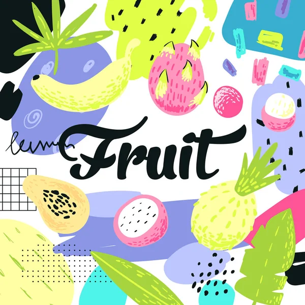 Handgezeichnetes Design mit tropischen Früchten und abstrakten Elementen. freihändiger kindischer Sommerhintergrund zur Dekoration. Vektorillustration — Stockvektor
