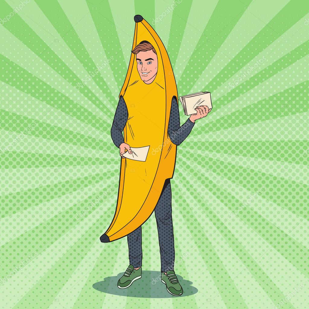 Pop Art Young Male Promoter with Advertising Flyers (en inglés). Hombre con  traje de plátano. Adolescente alegre chico promoviendo algo. Ilustración  vectorial Vector de stock por ©vectorlab 187287550, image size:1024x1024