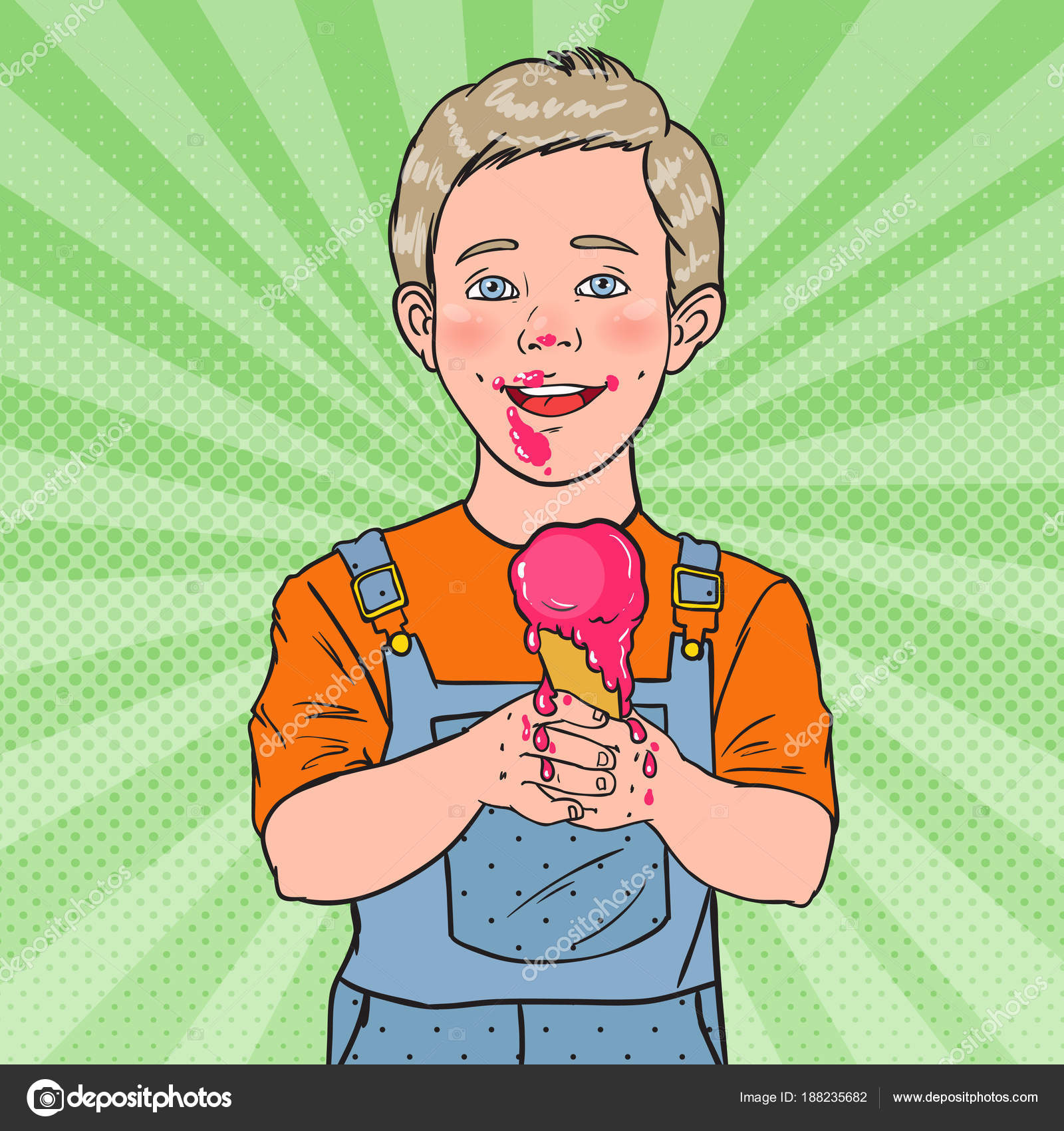 Download Pop Art Happy Little Boy Eating Ice Cream. Kid with Cold Dessert. Sweet Food. Vector ...
