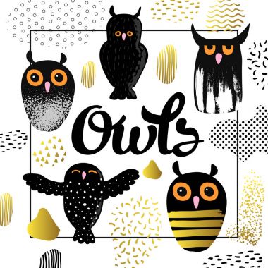 Baykuşlar tasarım çocukça tarzı. Sevimli kuş ve soyut öğeler için dekor, çocuklar arka plan kapsar. Vektör çizim