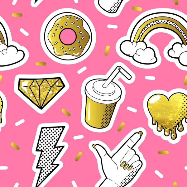 Fashionable Seamless Pattern in Pop Art Style dengan Golden Dotted Elements. Latar Belakang Kain 80-an-90-an dengan Rainbow, Diamonds dan Donuts. Ilustrasi vektor - Stok Vektor