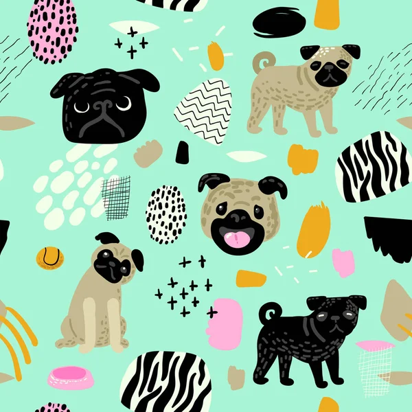 Cute Dogs Seamless Pattern. Childish Background with Pug Puppies and Abstract Elements. Baby Freehand Doodle for Fabric Textile, Wallpaper, Wrapping. Vector illustration — Stock Vector