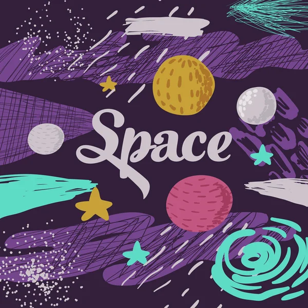 Space kinderen-ontwerp. Kinderachtig kosmische achtergrond met planeten, sterren en abstracte elementen. Baby Freehand Doodle voor de Covers, Decor. Vectorillustratie — Stockvector