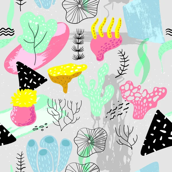Underwater Seamless Pattern in Childish Style. Kids Background with Seaweeds, Corals and Abstract Elements for Fabric Textile, Wallpaper, Decoration. Vector illustration